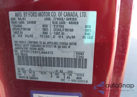 2001 Ford F-150 Xl/Xlt from USA, damaged, VIN 2FTPF17Z81CA66412